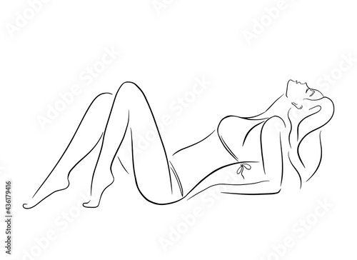 Lying Woman in Bikini. Line art drawing of relaxing beautiful young woman in swimsuit. Hand drawn isolated vector illustrations for logo, emblem, template, web, prints, cosmetics, beauty care products