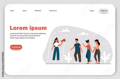 Landing page, refer a friend, referral marketing, online promotion method. Group of or clients holding hands and walking in the giant smartphone
