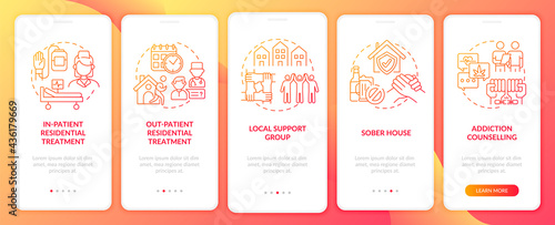 Rehabilitation types onboarding mobile app page screen with concepts. Support group walkthrough 5 steps graphic instructions. UI, UX, GUI vector template with linear color illustrations