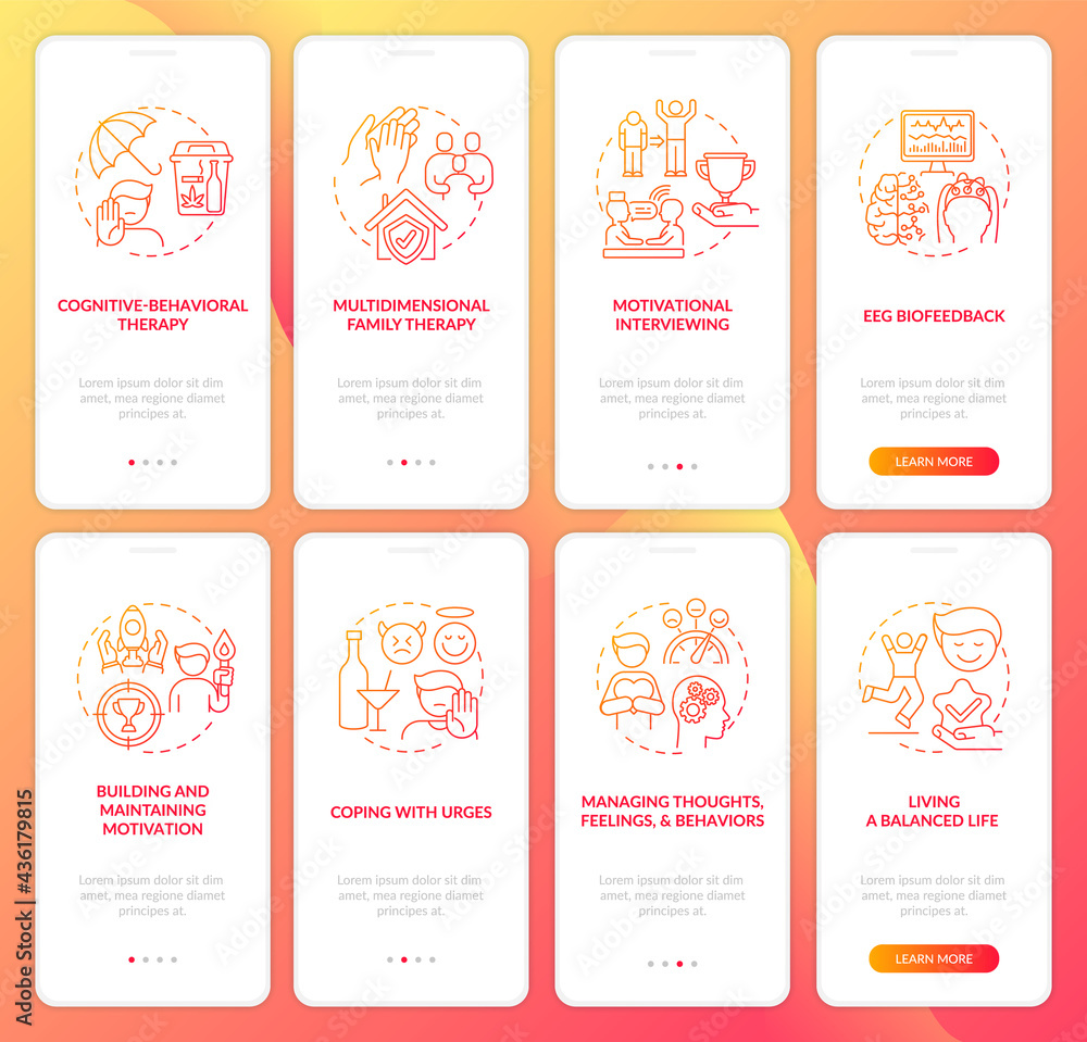 Rehabilitation onboarding mobile app page screen with concepts set. Illness types walkthrough 5 steps graphic instructions. UI, UX, GUI vector template with linear color illustrations