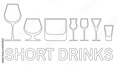 Set of glasses for short drinks and shots. Vector on white background. Outline black