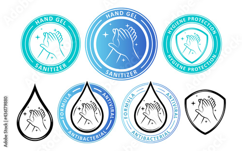 Hand sanitizer label with shield and water drop logo. Vector antiseptic symbols. Medical antibacterial alcohol hand wash. Healthy safe product package tag. Disease prevention. 
