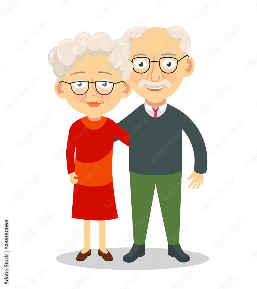 Elderly couple standing and hugging. Grandparents characters. Old spouses vector illustration
