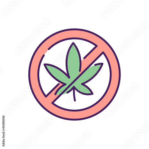 No cannabis RGB color icon. Isolated vector illustration. Creating environment without drugs. Ban narcotics consumption. Bad addiction treatment simple filled line drawing.