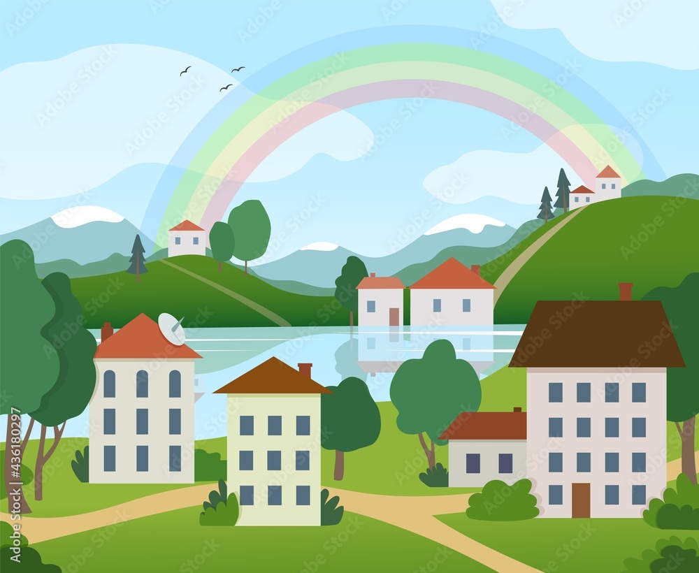 Landscape of a small town by the lake. Illustration with houses, mountains, hills, clouds, rainbow and trees. Landscape of a small town by the lake. Illustration with houses, mountains, hills, clouds, rainbow and trees.