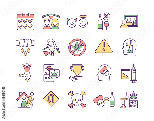 Rehabilitation RGB color icons set. Isolated vector illustrations. Dealing with people addiction for drugs and alcohol. Health treatment simple filled line drawings collection