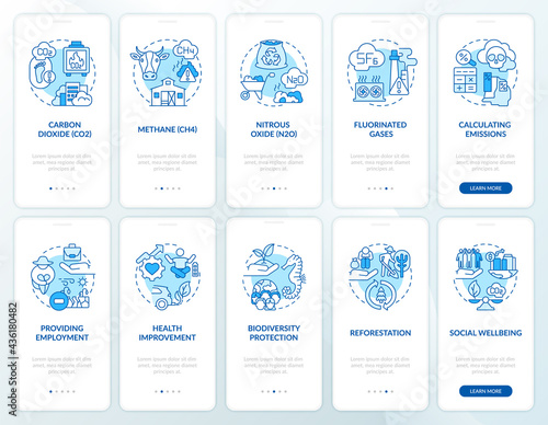 Greenhouse gas emissions onboarding mobile app page screen with concepts set. Health improvement walkthrough 5 steps graphic instructions. UI, UX, GUI vector template with linear color illustrations