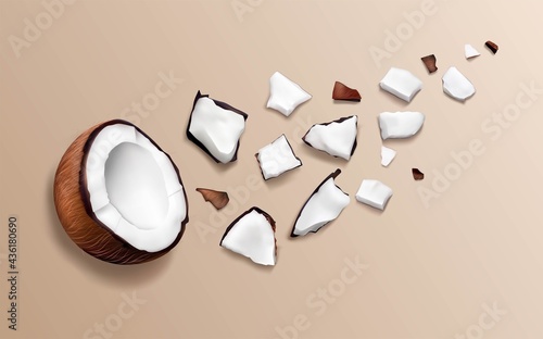 3d realistic cracked coconut vector illustration. Juicy parts, slices of coconut. Top view. Broken into pieces on the table. Cosmetic products. Tropical abc tract on biege background. Spaa, vegan, bio
