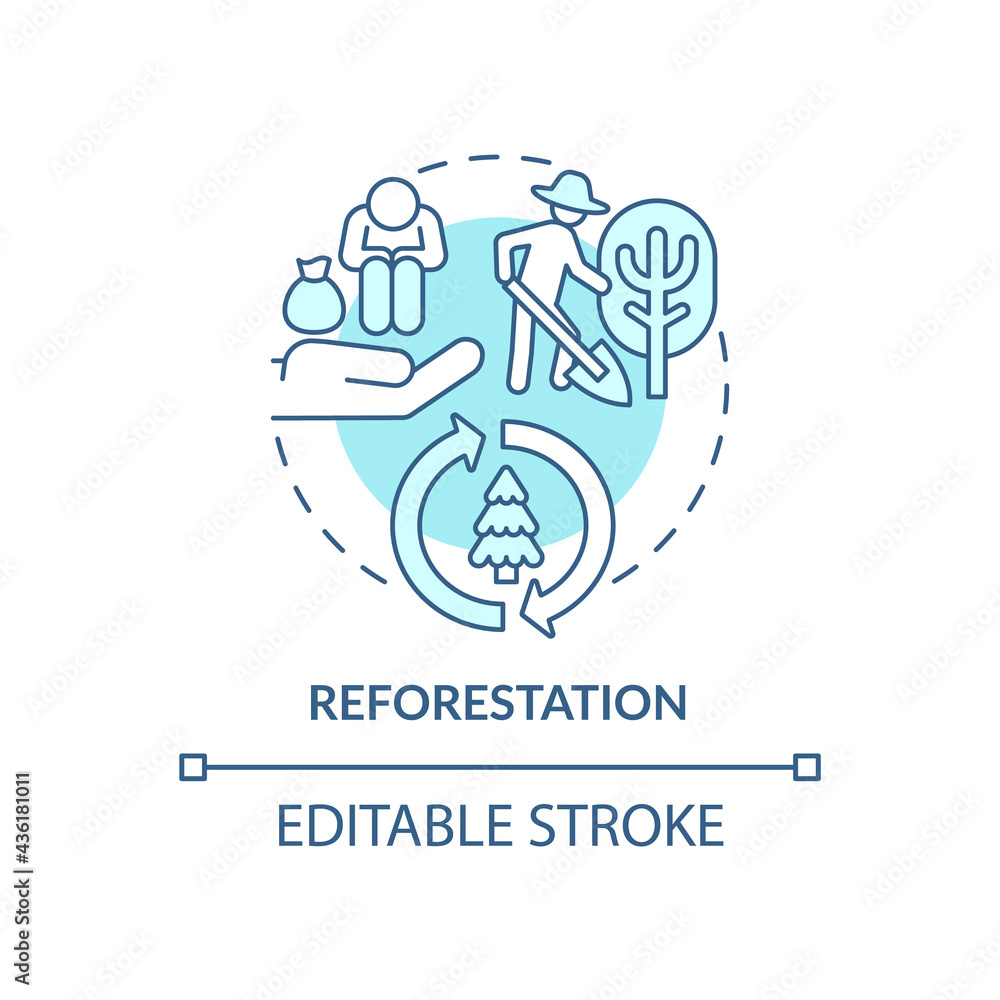 Reforestation concept icon. Carbon offsetting benefit abstract idea thin line illustration. Planting new trees in depleted areas. Vector isolated outline color drawing. Editable stroke Reforestation concept icon. Carbon offsetting benefit abstract idea thin line illustration. Planting new trees in depleted areas. Vector isolated outline color drawing. Editable stroke