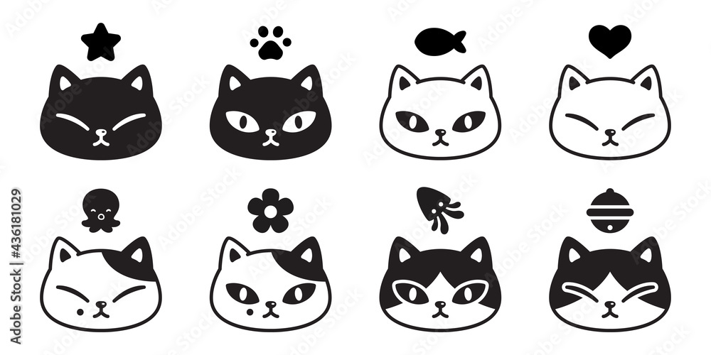 cat vector kitten icon calico pet breed head character cartoon heart octopus star squid fish doodle symbol illustratio design