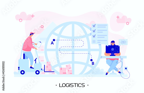 Logistic company organize delivery cargos and monitors international transport paths. Girl approves orders and transfers them to the delivery team. Global logistic monitoring service. Modern. People.