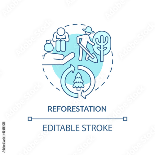 Reforestation concept icon. Carbon offsetting benefit abstract idea thin line illustration. Planting new trees in depleted areas. Vector isolated outline color drawing. Editable stroke