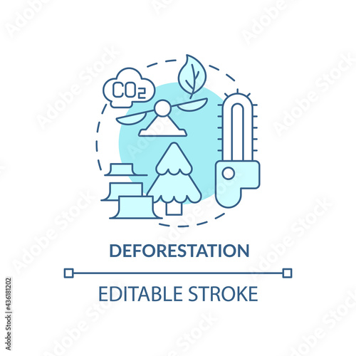Deforestation concept icon. Human carbon emissions cause abstract idea thin line illustration. Tropical forest thinning and destroying by humans. Vector isolated outline color drawing. Editable stroke