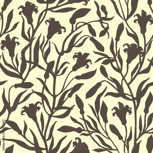Hand-drawn monochromatic seamless botanical pattern with silhouettes of flowers, buds, leaves of lily flowers on a light background