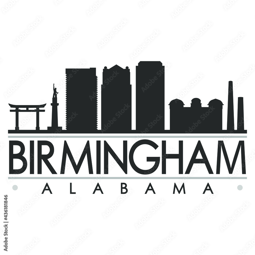 Birmingham, AL, USA Skyline Silhouette Design. Clip Art City Vector Art Famous Buildings Scene Illustration.