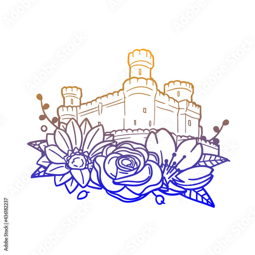 Castle Rose Flower with Vintage Architecture Design. Medieval Floral frame ornament vector style. Decoration Design Wreath illustration.