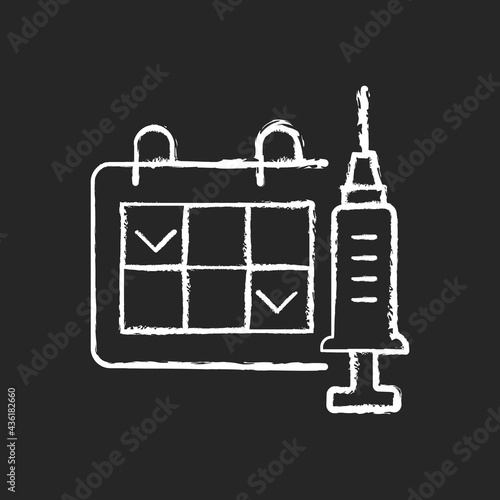 Two dose vaccination chalk white icon on black background. Schedule for drug injection. 2 doze vaccine schedule. Hospital appointment. Health care, medicine. Isolated vector chalkboard illustration