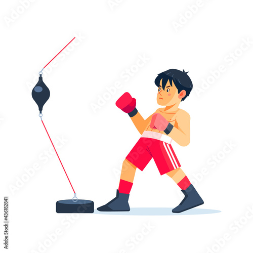Young Boxer doing some training on a Double End Speed Ball Boxing Bag at a gym, kid taking up a new hobby. Cartoon flat vector illustration on white background