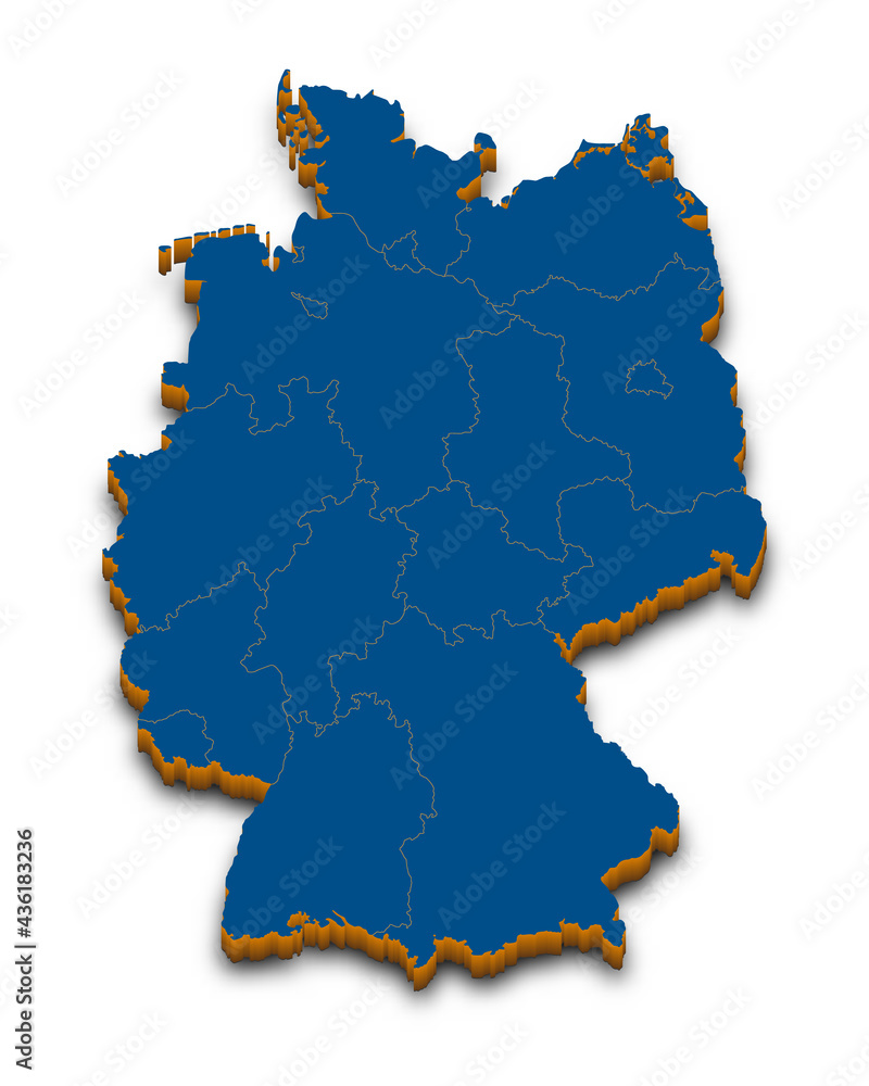 Obraz premium Germany map vector. High detailed administrative 3D map of Germany with dropped shadow. Vector blue isometric silhouette with administrative divisions. All isolated on white background