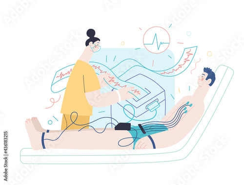 ECG electrocardiography - medical tests illustration. Modern flat vector