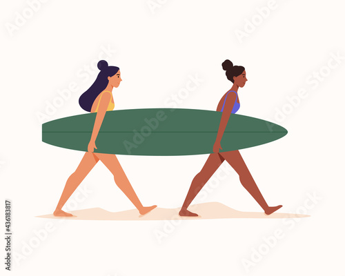 Two surfing woman in swimsuit carrying surfboard on sand on isolated white background.Vector flat illustration