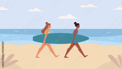 Two sporty surfing girls holding surfboard on the beach, friends having fun. Vector illustration flat  cartoon style