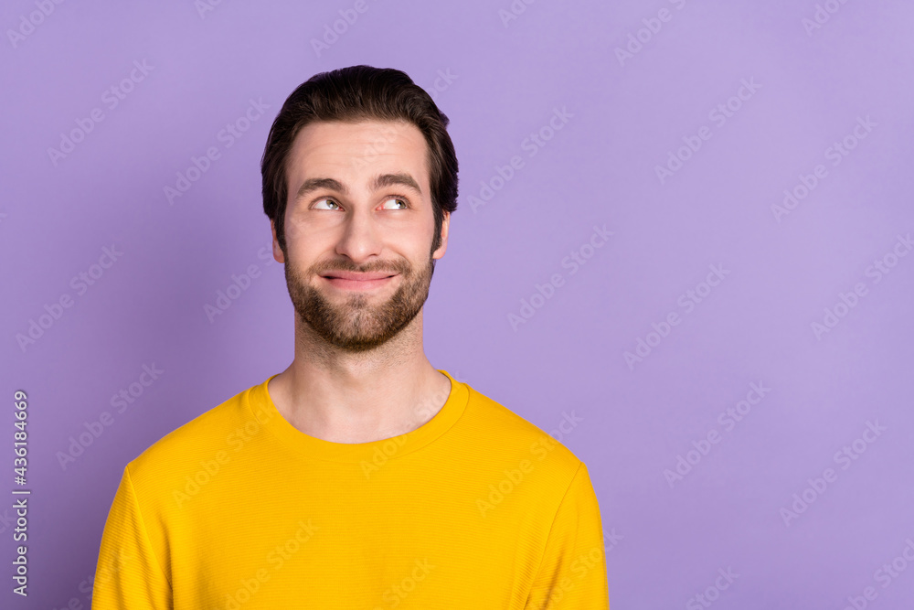Portrait of attractive cheerful sly creative man overthinking copy space isolated over pastel violet purple color background Portrait of attractive cheerful sly creative man overthinking copy space isolated over pastel violet purple color background