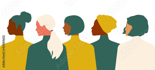 Postcard template with women of different nationalities and religions. Trending colors of 2021. Feminine power. International Women's Day. Vector graphics.
