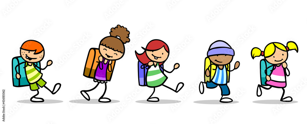 Schulkinder mit Schulranzen auf dem Schulweg zur Schule Schulkinder mit Schulranzen auf dem Schulweg zur Schule