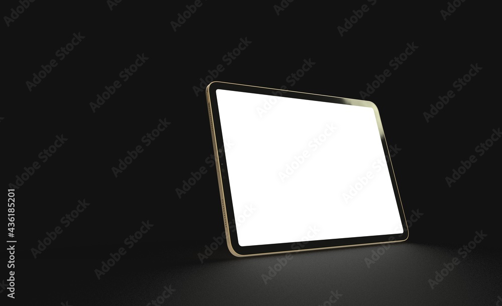 Photo 3D brandless tablet with empty screen isolated black background Photo 3D brandless tablet with empty screen isolated black background
