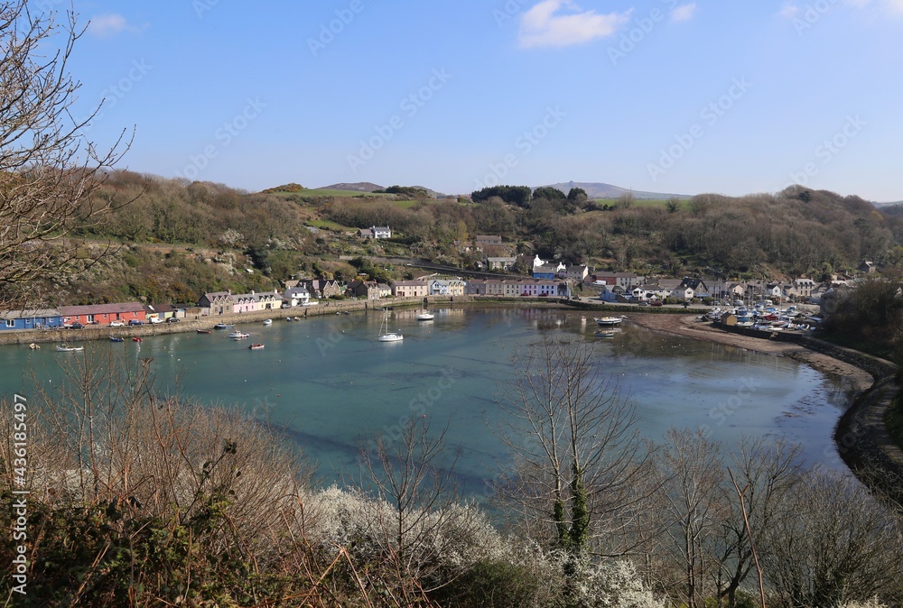 A sunny view over the harbour and cottages in Lower Fishguard, Pembrokeshire, Wales, UK.