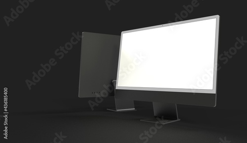 Computer display mock up with blank white screen. Stylish desktop computer mockup 3D photo