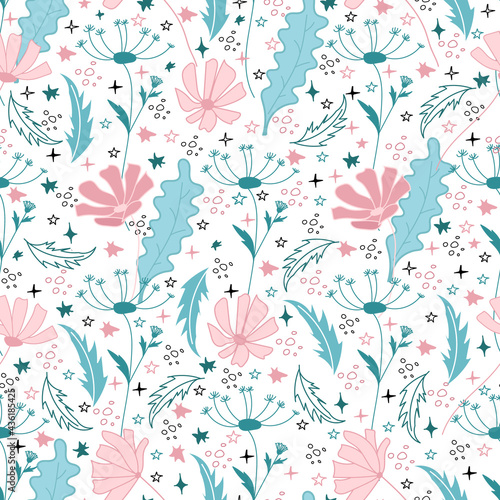 Doodle style wild flowers and herbs. Hand drawn elements. Herbal seamless pattern isolated on white background.