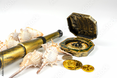 Wallpaper Mural seashells and traveler items on white background Torontodigital.ca