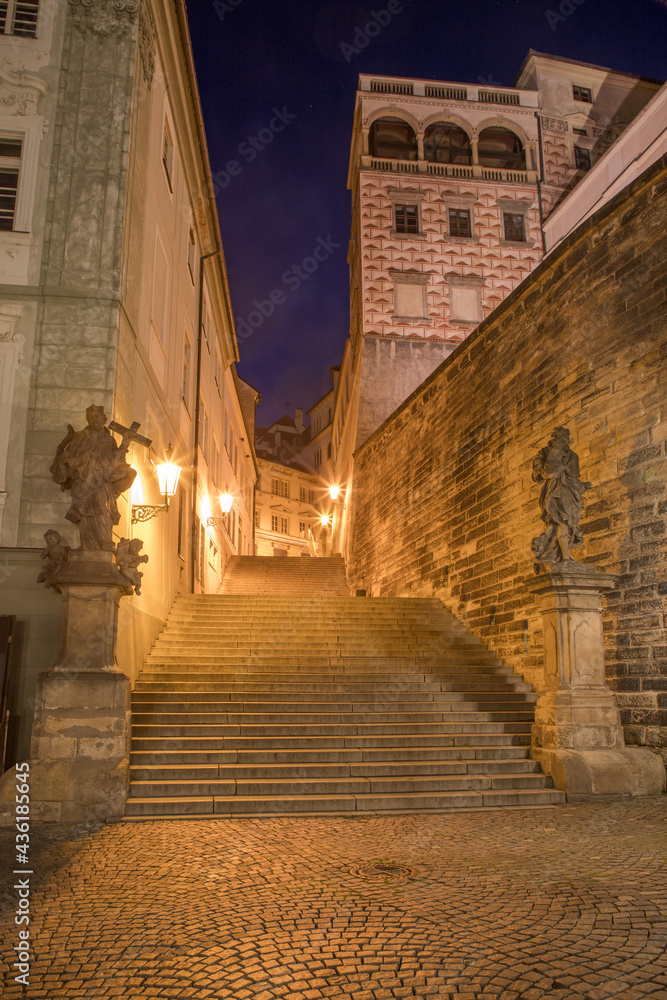 evening view of the old town street with stairs - Prague, Czech republic