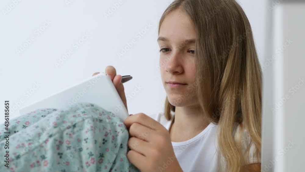 Kid Studying for School in Bed, Teenager Young Girl Learning, Student Child Writing Homework, Homeschooling, Children Education Kid Studying for School in Bed, Teenager Young Girl Learning, Student Child Writing Homework, Homeschooling, Children Education
