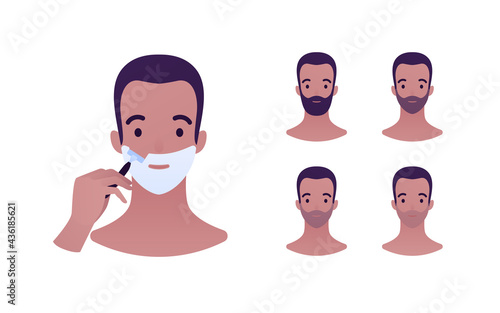Daily skin care routine concept. Vector flat people avatar illustration. Step instruction. Male smiling face in foam shave. Set of faces from unshaven to beard. Design for dermatology, beaty industry