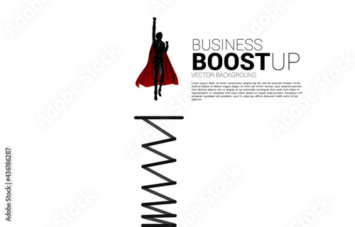 Silhouette of businessman flying from springboard. Concept of boost and growth in business.