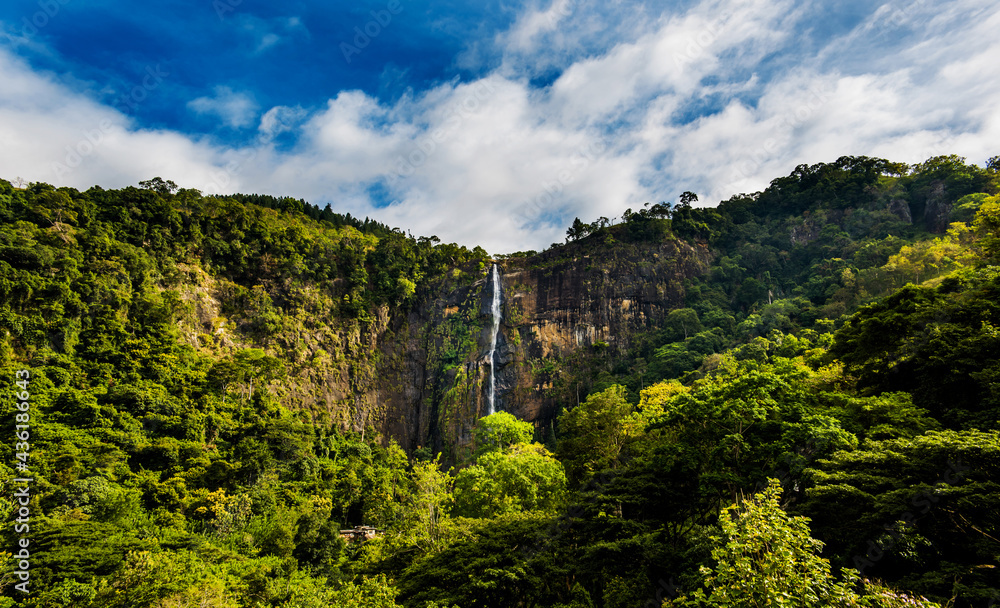 A wide view of Diyaluma Waterfall, Sri Lanka