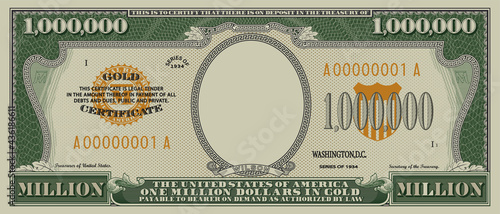 Fictional obverse of a gold certificate with a face value of 1,000,000 dollars. US paper money one million. Part one photo