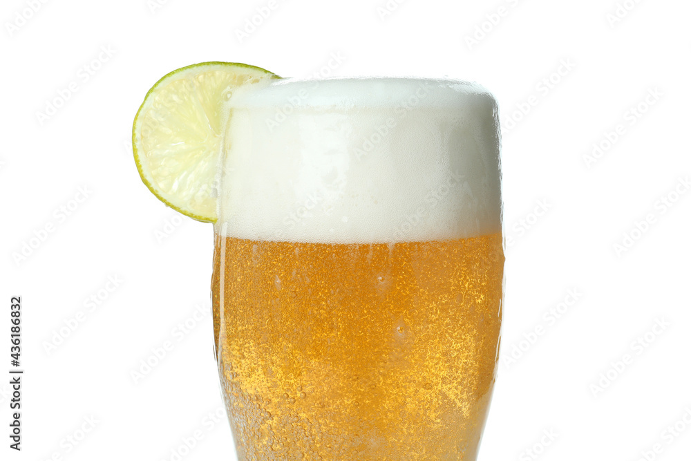 Glass of beer with lime isolated on white background Glass of beer with lime isolated on white background