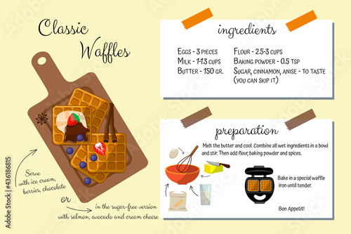 Belgian waffles with berries, ice cream, chocolate. Recipe, ingredients. Home cookbook. Step by step cooking