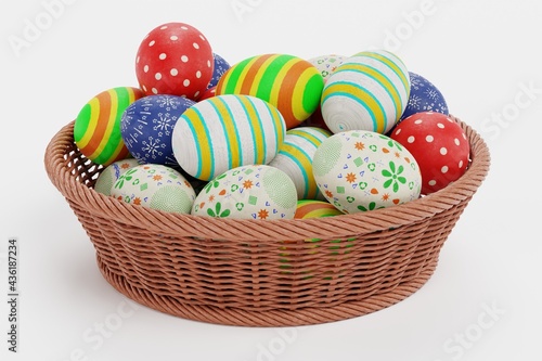 Realistic 3D Render of Easter Eggs in Basket
