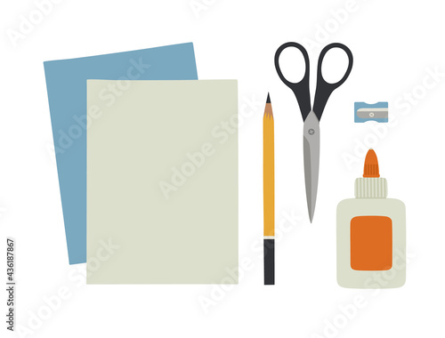 Vector illustration of applique supplies. Color paper, scissors, glue, and pencil sharpener. Suitable for art tools shops, art courses. Hand-drawn set, isolated on white background. Stationery.