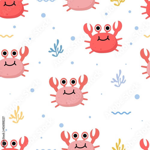 Seamless pattern with cute crab and seaweeds