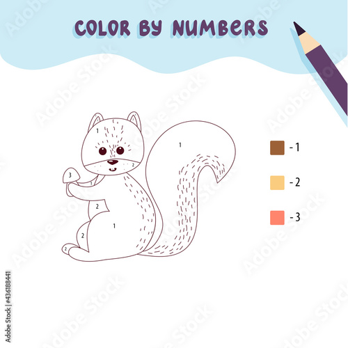 Color cute squirrel and mushroom by number. Educational math game for children. Coloring page