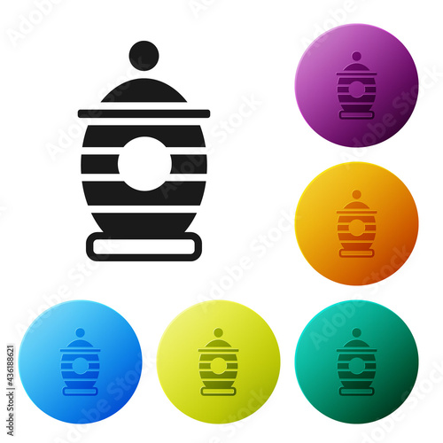 Black Funeral urn icon isolated on white background. Cremation and burial containers, columbarium vases, jars and pots with ashes. Set icons in color circle buttons. Vector