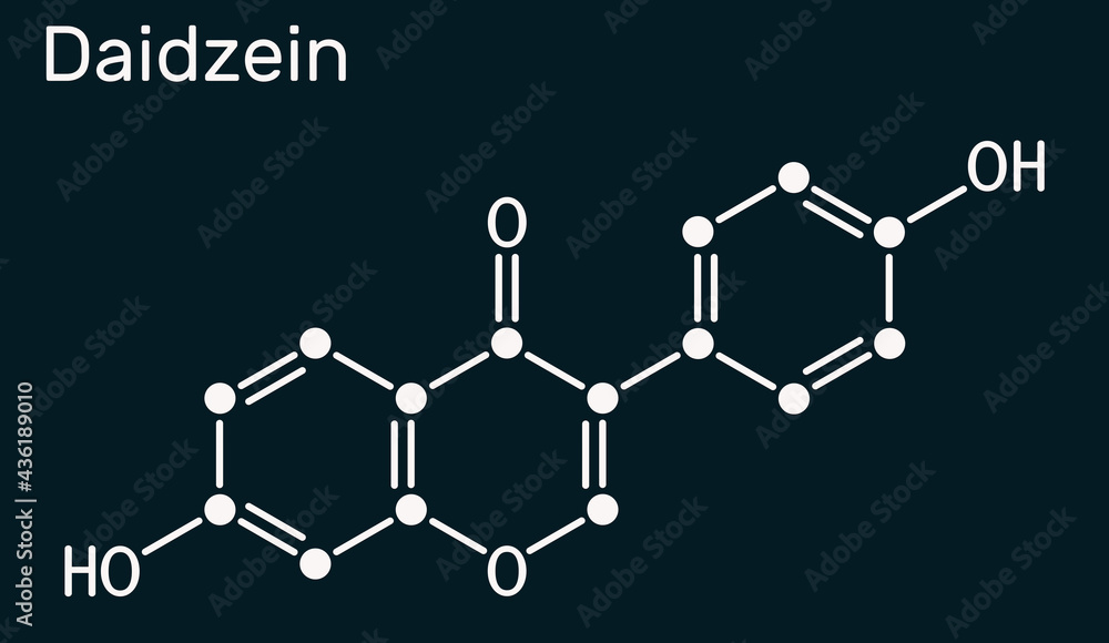 Daidzein molecule. It is phytoestrogen, plant metabolite, isoflavone extract from soy with antioxidant and phytoestrogenic properties. Skeletal chemical formula on the dark blue background