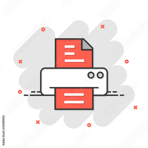 Office printer icon in comic style. Fax cartoon vector illustration on white isolated background. Text printout splash effect business concept.