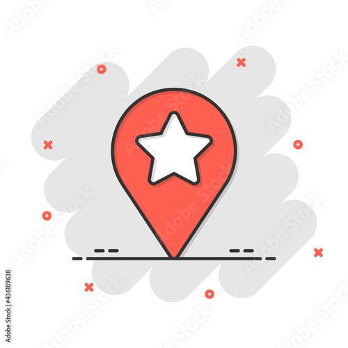 Map pin icon in comic style. GPS navigation cartoon vector illustration on white isolated background. Locate position splash effect business concept.